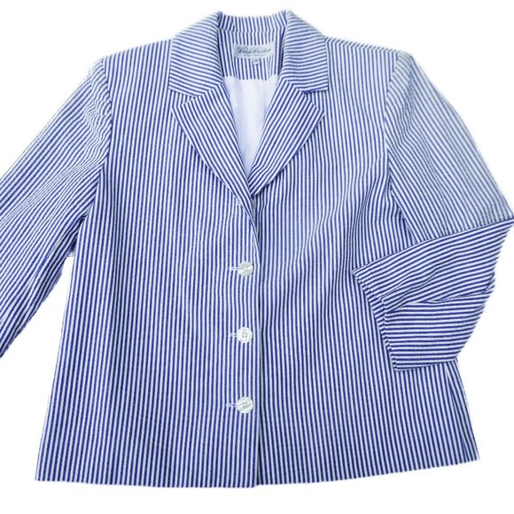 Brooks Brothers Jackets & Blazers - Vintage Brooks Brother Seersucker Blue Ivory Stripe Cotton Blazer Lined USA 8